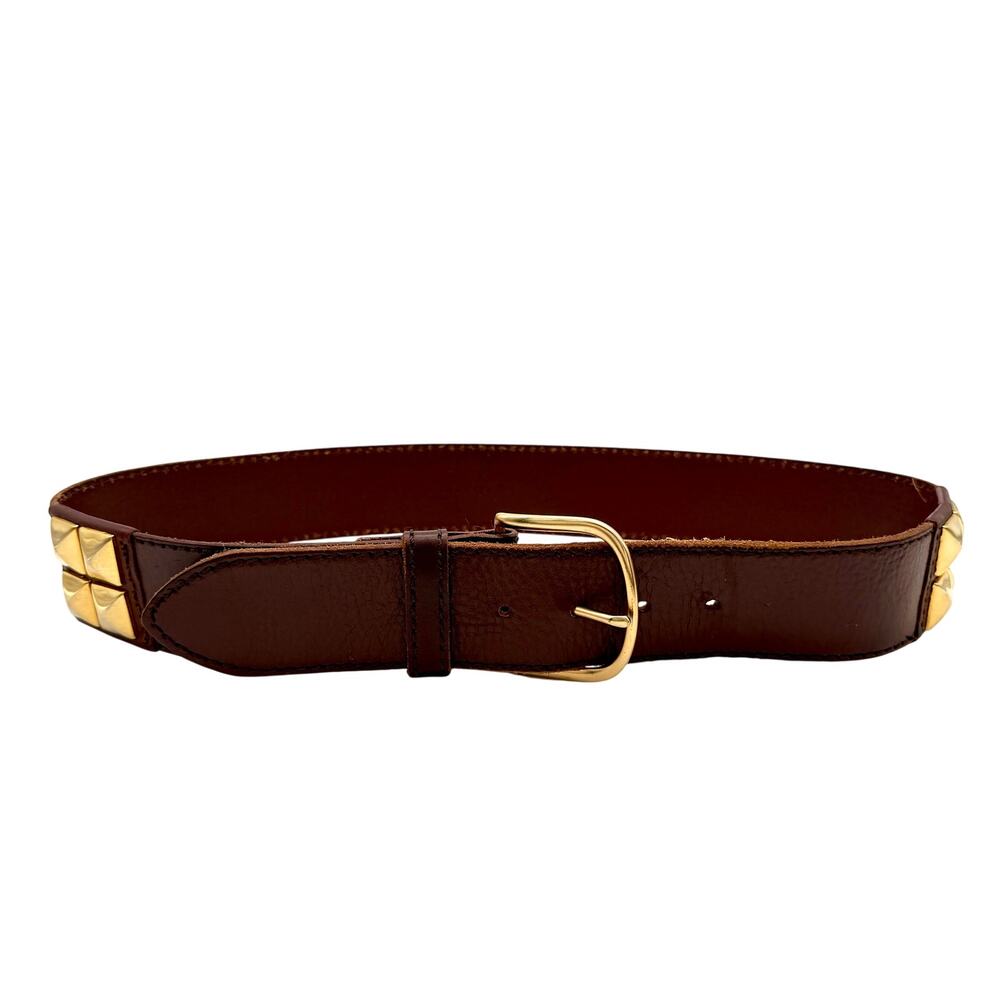 Linea Pelle Studded Genuine Leather Belt Brown Gold Tone Size M Boho
